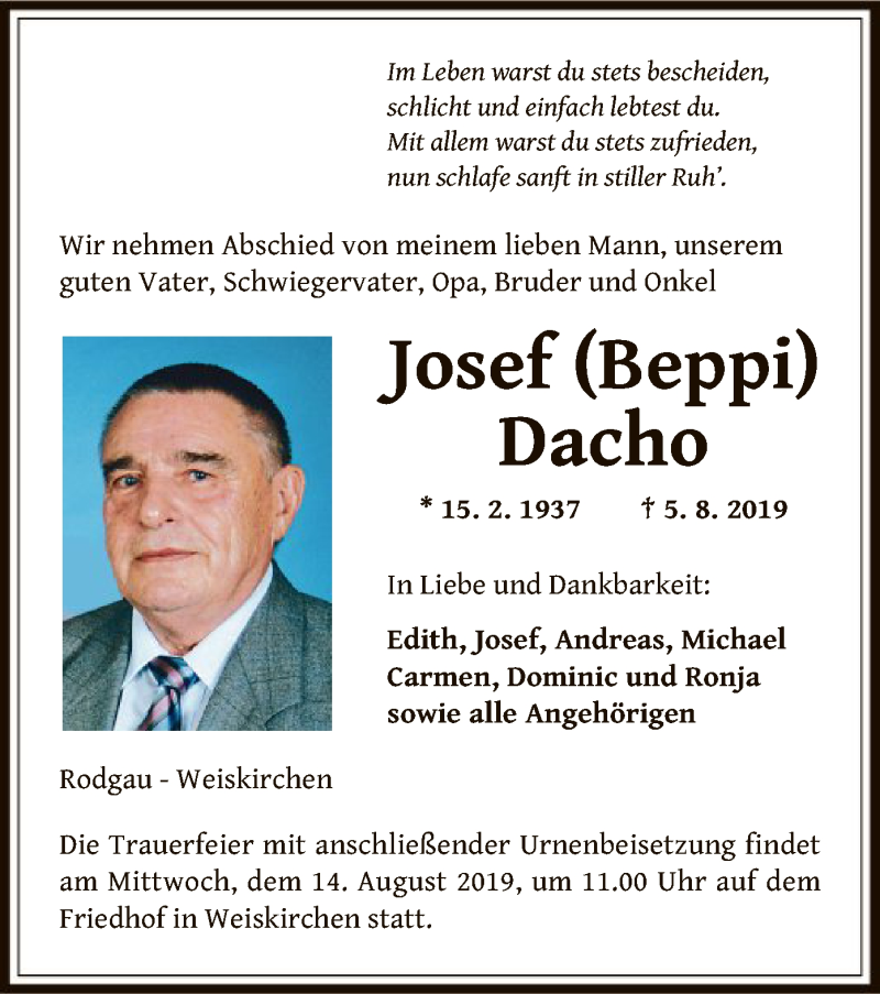  Traueranzeige für Josef Dacho vom 08.08.2019 aus Offenbach