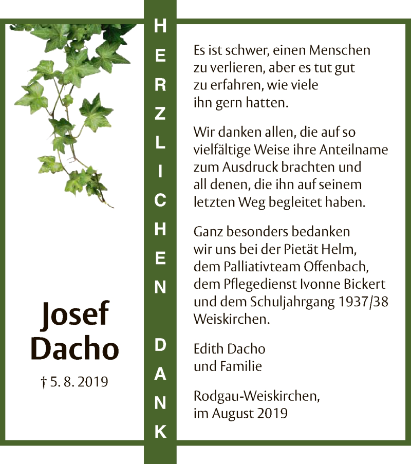  Traueranzeige für Josef Dacho vom 29.08.2019 aus Offenbach