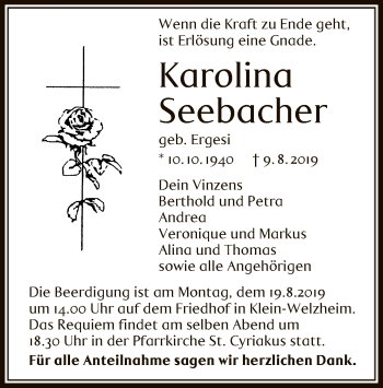 Traueranzeige von Karolina Seebacher von Offenbach