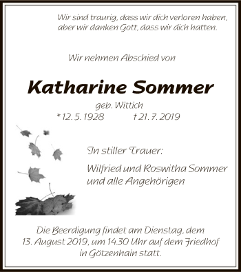 Traueranzeige von Katharine Sommer von Offenbach