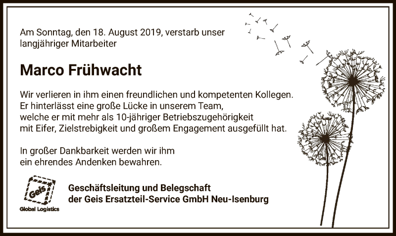  Traueranzeige für Marco Frühwacht vom 29.08.2019 aus Offenbach