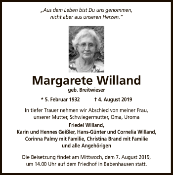 Traueranzeige von Margarete Willand von Offenbach