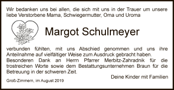 Traueranzeige von Margot Schulmeyer von Offenbach