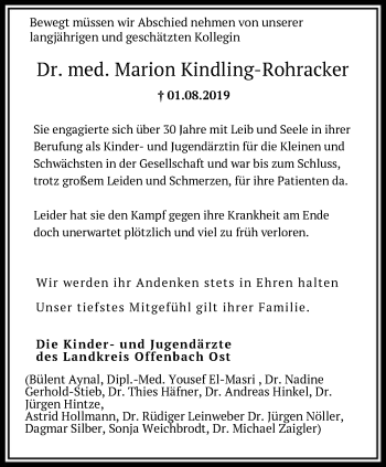 Traueranzeige von Marion Kindling-Rohracker von Offenbach