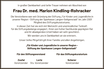 Traueranzeige von Marion Kindling-Rohracker von Offenbach