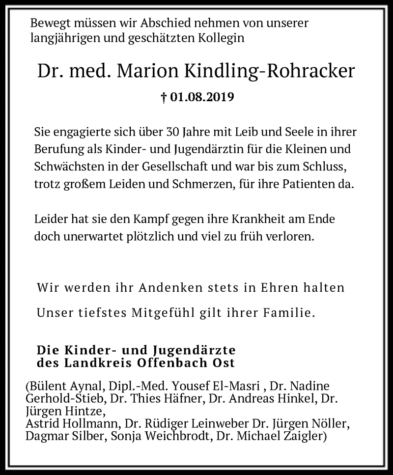  Traueranzeige für Marion Kindling-Rohracker vom 10.08.2019 aus Offenbach