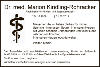 Traueranzeige von Marion Kindling-Rohracker von Offenbach