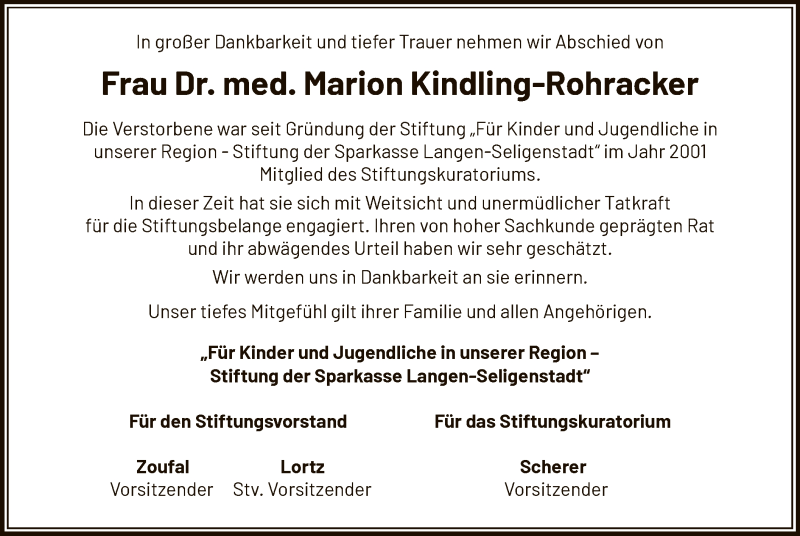  Traueranzeige für Marion Kindling-Rohracker vom 10.08.2019 aus Offenbach