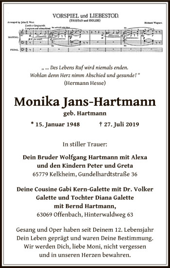 Traueranzeige von Monika Jans-Hartmann von Offenbach