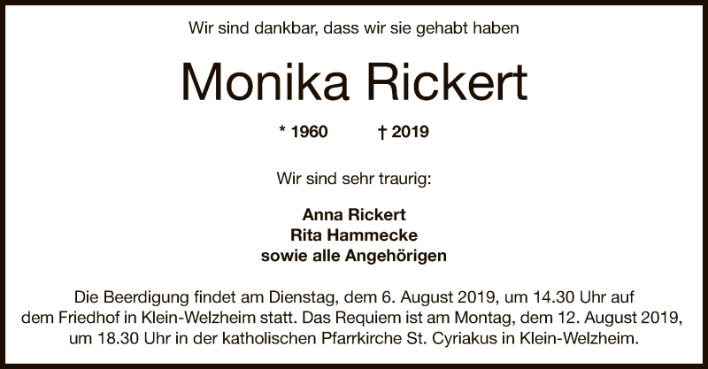  Traueranzeige für Monika Rickert vom 03.08.2019 aus Offenbach