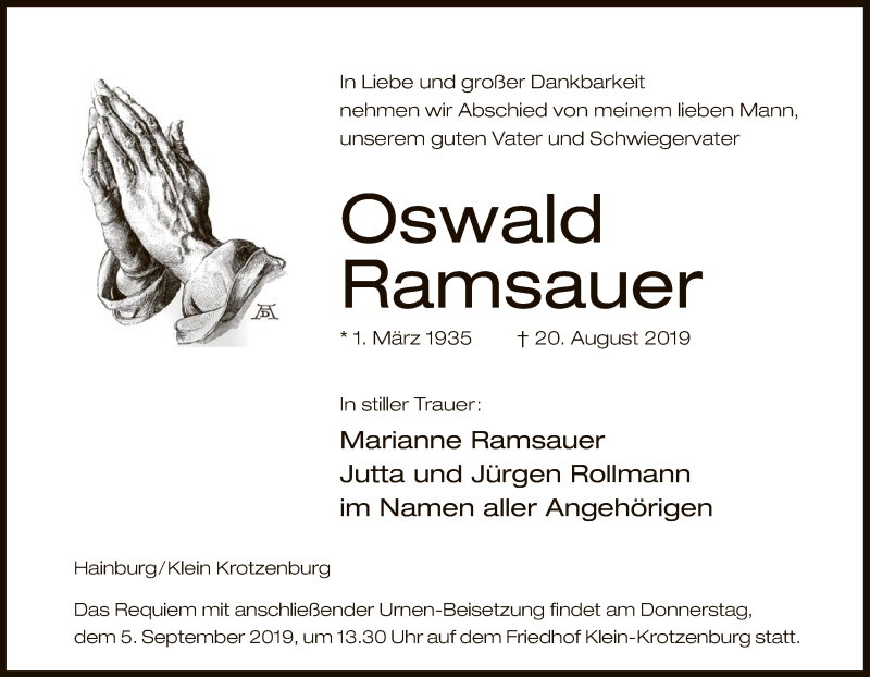  Traueranzeige für Oswald Ramsauer vom 31.08.2019 aus Offenbach