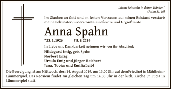 Traueranzeige von Spahn Anna von Offenbach