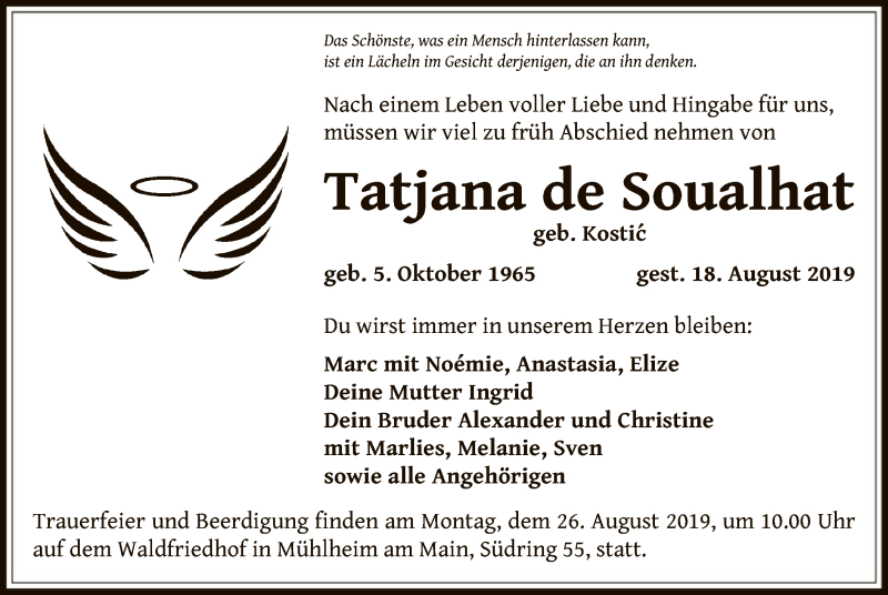  Traueranzeige für Tatjana de Soualhat vom 24.08.2019 aus Offenbach