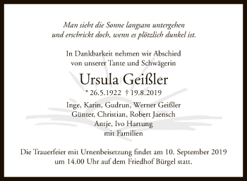 Traueranzeige von Ursula Geißler von Offenbach