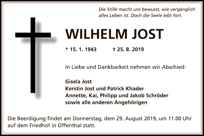  Traueranzeige für Wilhelm Jost vom 29.08.2019 aus Offenbach