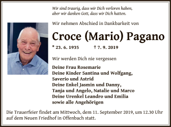 Traueranzeige von Croce Mario Pagano von Offenbach