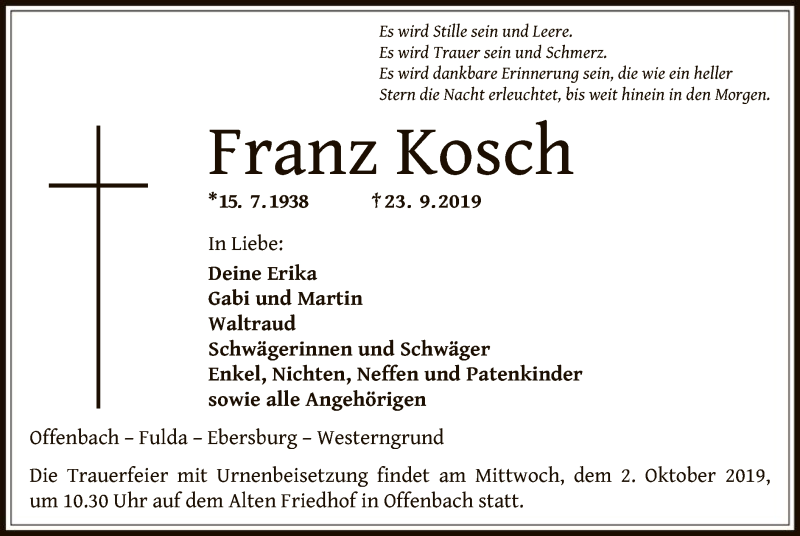  Traueranzeige für Franz Kosch vom 28.09.2019 aus Offenbach