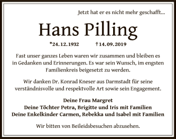 Traueranzeige von Hans Pilling von Offenbach