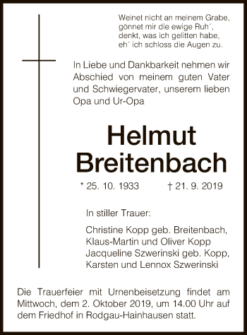 Traueranzeige von Helmut Breitenbach von Offenbach