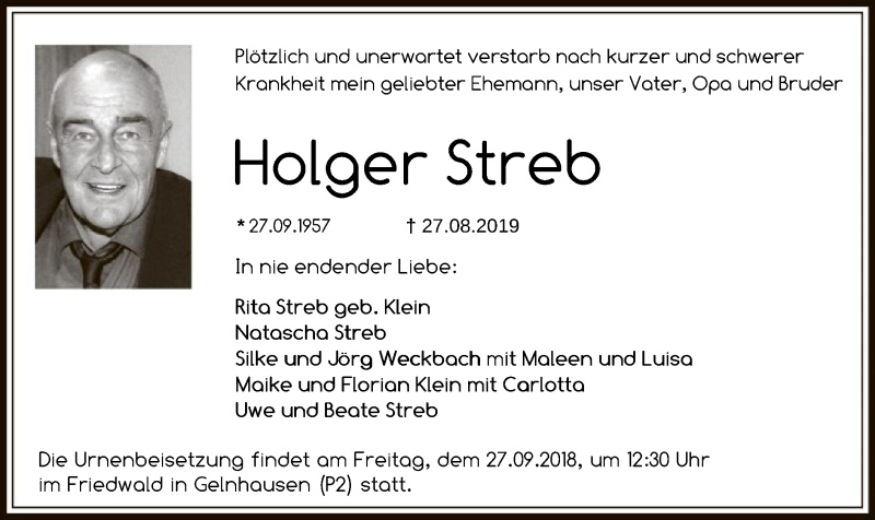  Traueranzeige für Holger Streb vom 26.09.2019 aus Offenbach