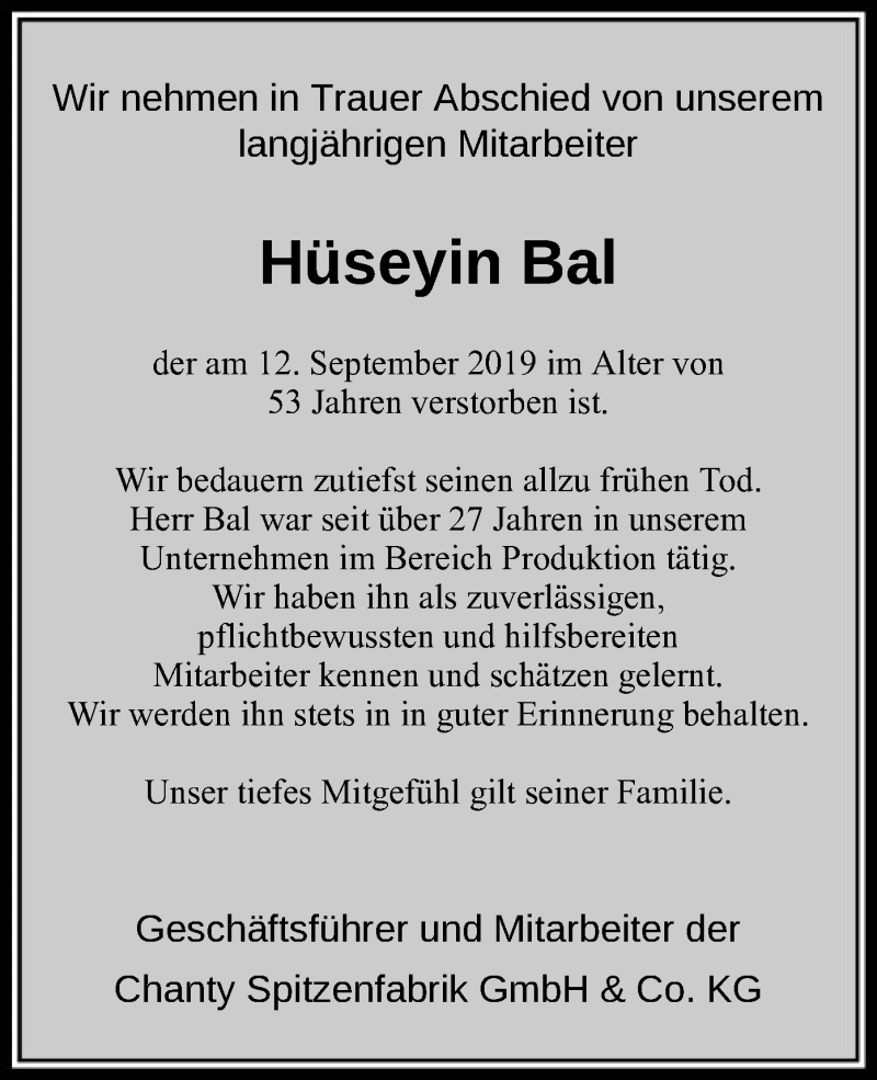  Traueranzeige für Hüseyin Bal vom 19.09.2019 aus Offenbach