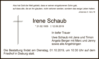 Traueranzeige von Irene Schaub von Offenbach