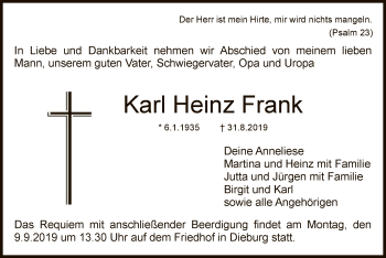 Traueranzeige von Karl Heinz Frank von Offenbach