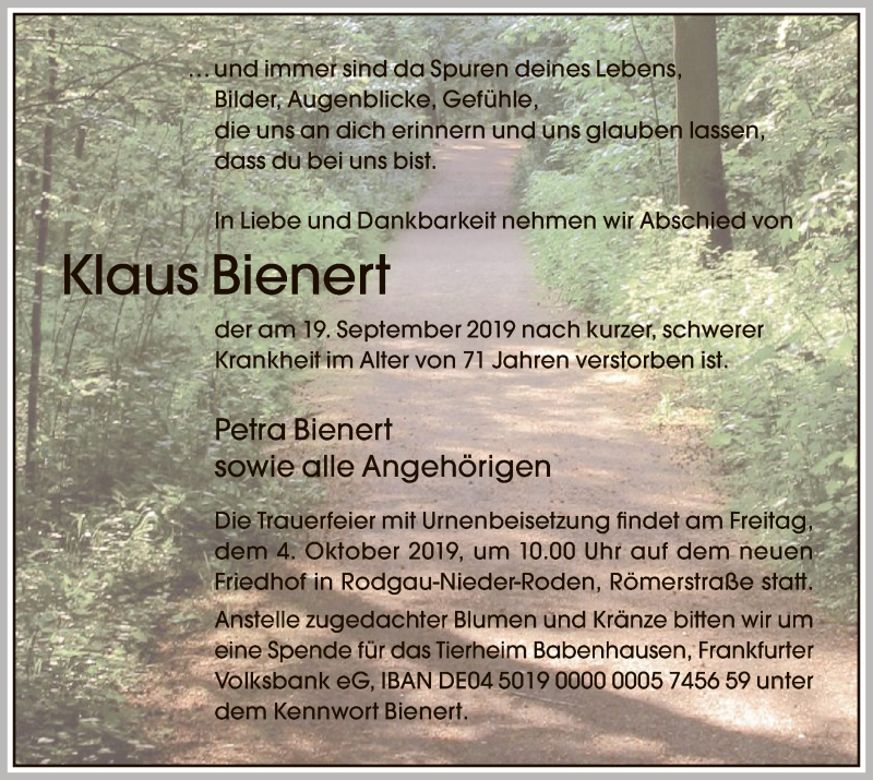  Traueranzeige für Klaus Bienert vom 28.09.2019 aus Offenbach