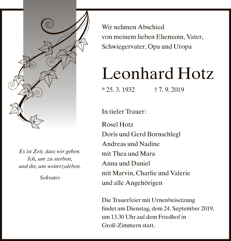  Traueranzeige für Leonhard Hotz vom 14.09.2019 aus Offenbach