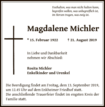 Traueranzeige von Magdalene Michler von Offenbach