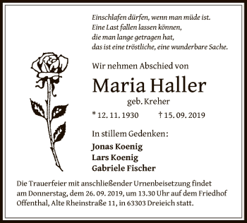 Traueranzeige von Maria Haller von Offenbach