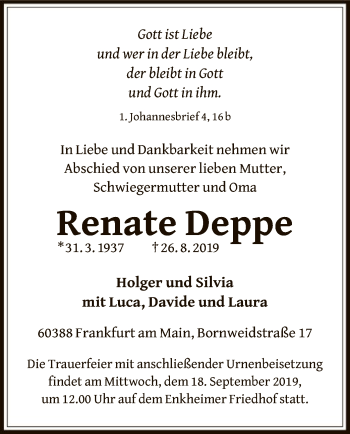 Traueranzeige von Renate Deppe von Offenbach