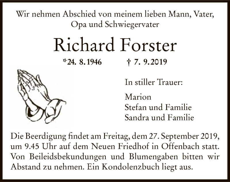  Traueranzeige für Richard Forster vom 25.09.2019 aus Offenbach