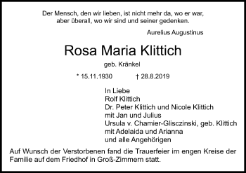 Traueranzeige von Rosa Maria Klittich von Offenbach