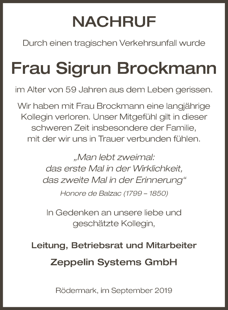  Traueranzeige für Sigrun Brockmann vom 12.09.2019 aus Offenbach