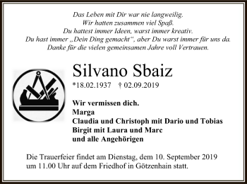 Traueranzeige von Silvano Sbaiz von Offenbach