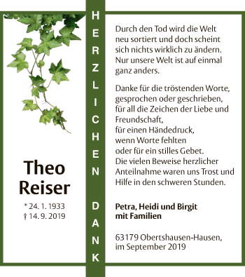 Traueranzeige von Theo Reiser von Offenbach