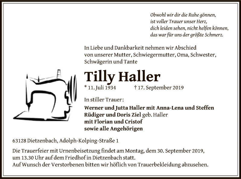  Traueranzeige für Tilly Haller vom 26.09.2019 aus Offenbach