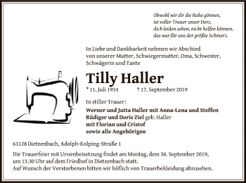 Traueranzeige von Tilly Haller von Offenbach