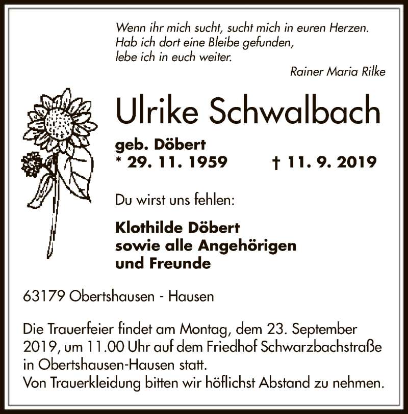  Traueranzeige für Ulrike Schwalbach vom 19.09.2019 aus Offenbach