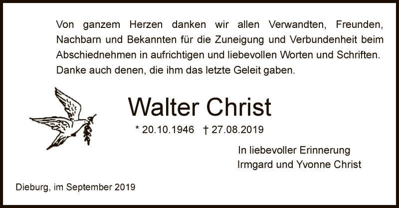  Traueranzeige für Walter Christ vom 21.09.2019 aus Offenbach