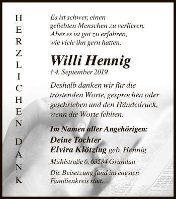 Traueranzeige von Willi Hennig von Offenbach