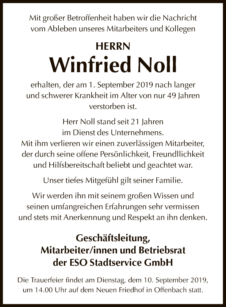  Traueranzeige für Winfried Noll vom 07.09.2019 aus Offenbach