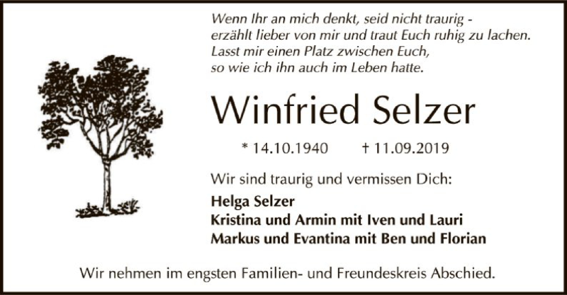  Traueranzeige für Winfried Selzer vom 21.09.2019 aus Offenbach