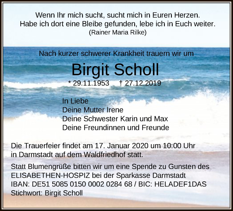  Traueranzeige für Birgit Scholl vom 07.01.2020 aus Offenbach