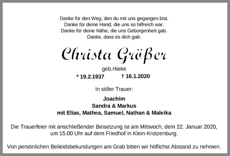 Traueranzeigen von Christa Größer | trauer.op-online.de