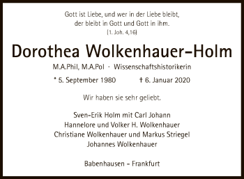 Traueranzeige von Dorothea Wolkenhauer-Holm von Offenbach