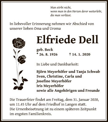 Traueranzeige von Elfriede Dell von Offenbach