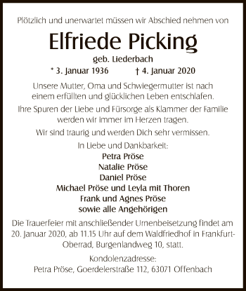 Traueranzeige von Elfriede Picking von Offenbach