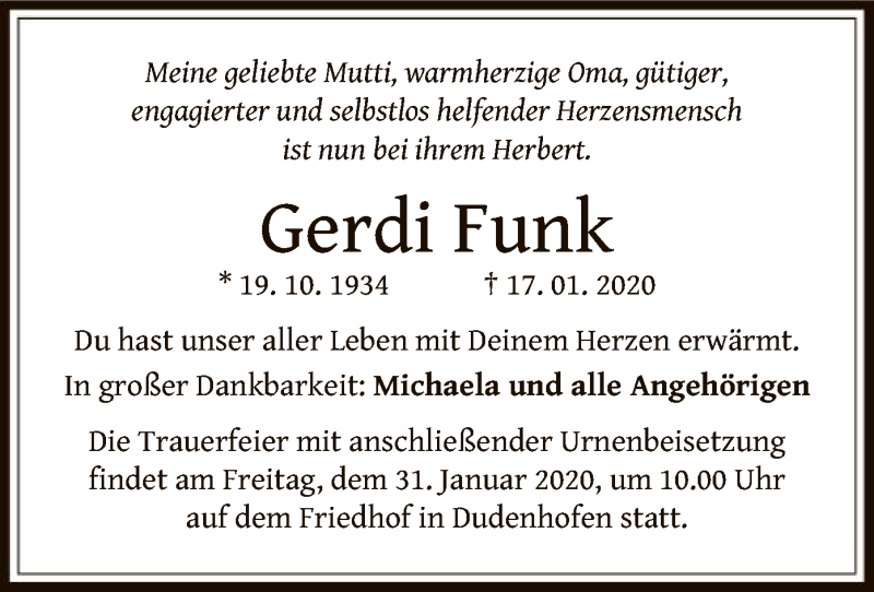  Traueranzeige für Gerdi Funk vom 23.01.2020 aus Offenbach